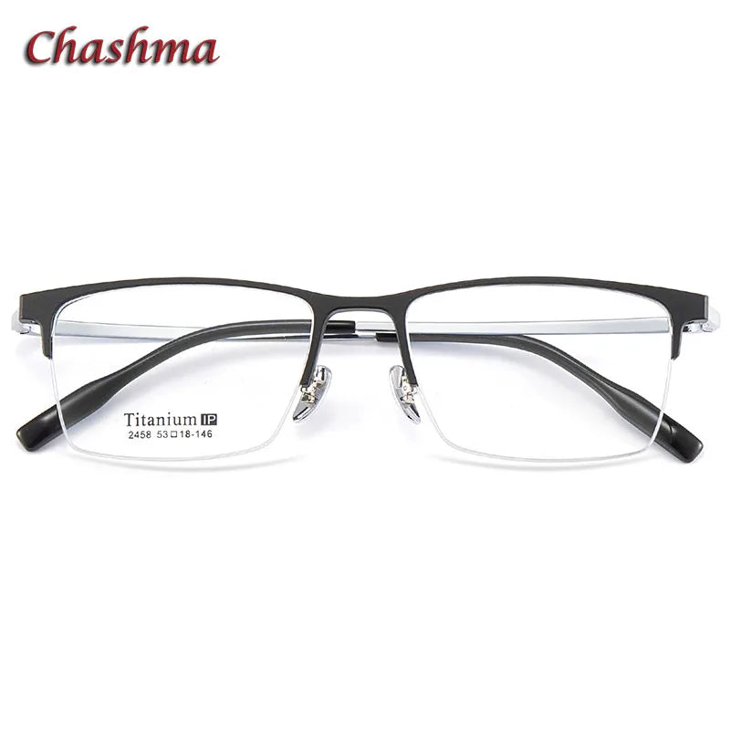 Chashma Ochki Unisex Semi Rim Square Titanium Aluminum Magnesium Eyeglasses 2458 Semi Rim Chashma Ochki Black Silver-C3  