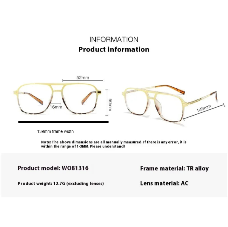 Aror Unisex Full Rim Square Double Bridge Alloy Tr 90 Eyeglasses 81316