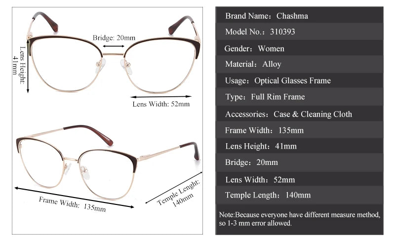 Chashma Ottica Women's Full Rim Oval Cat Eye Alloy Eyeglasses 310393 Full Rim Chashma Ottica