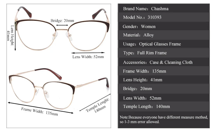 Chashma Ottica Women's Full Rim Oval Cat Eye Alloy Eyeglasses 310393 Full Rim Chashma Ottica