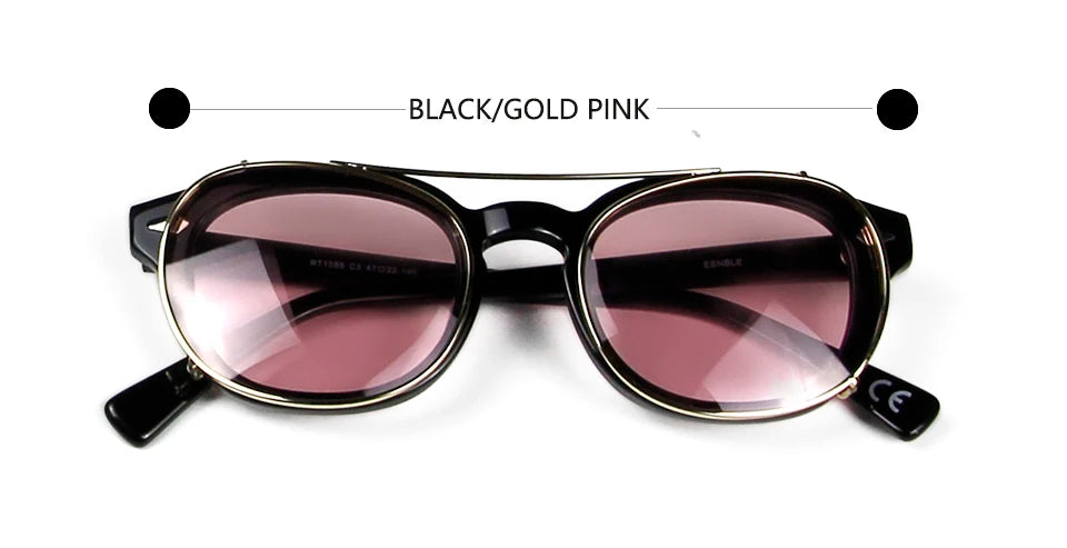 Esnbie Unisex Full Rim Round Acetate Eyeglasses Clip On Sunglasses 1086 With Clip Ons Esnbie black-gold pink  