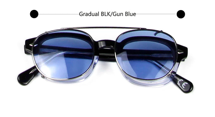 Esnbie Unisex Full Rim Round Acetate Eyeglasses Clip On Sunglasses 4324 With Clip Ons Esnbie Grad BLK-gun blue 46mm-M Size 