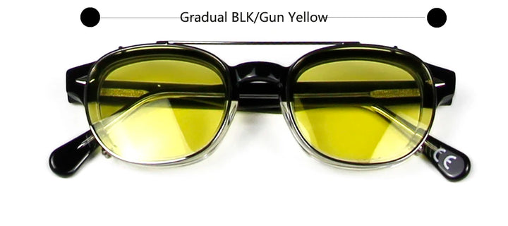 Esnbie Unisex Full Rim Round Acetate Eyeglasses Clip On Sunglasses 4324 With Clip Ons Esnbie Grad BLK-gun yellow 43mm-S Size 