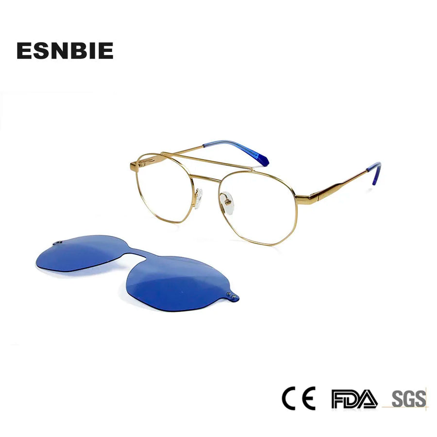 Esnbie Unisex Full Rim Round Double Bridge Alloy Eyeglasses Clip On Sunglasses 20291 Full Rim Esnbie   