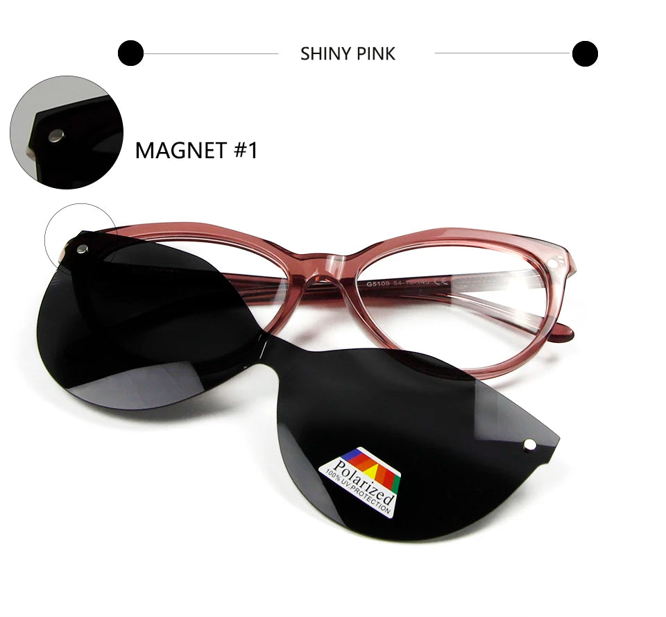 Esnbie Women's Full Rim Cat Eye Acetate Eyeglasses Clip On Sunglasses 53179