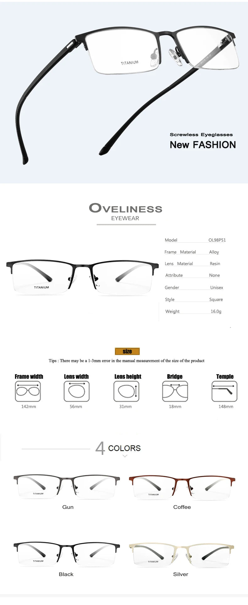 Oveliness Men's Semi Rim Square Titanium Alloy Eyeglasses 49851 Semi Rim Oveliness   