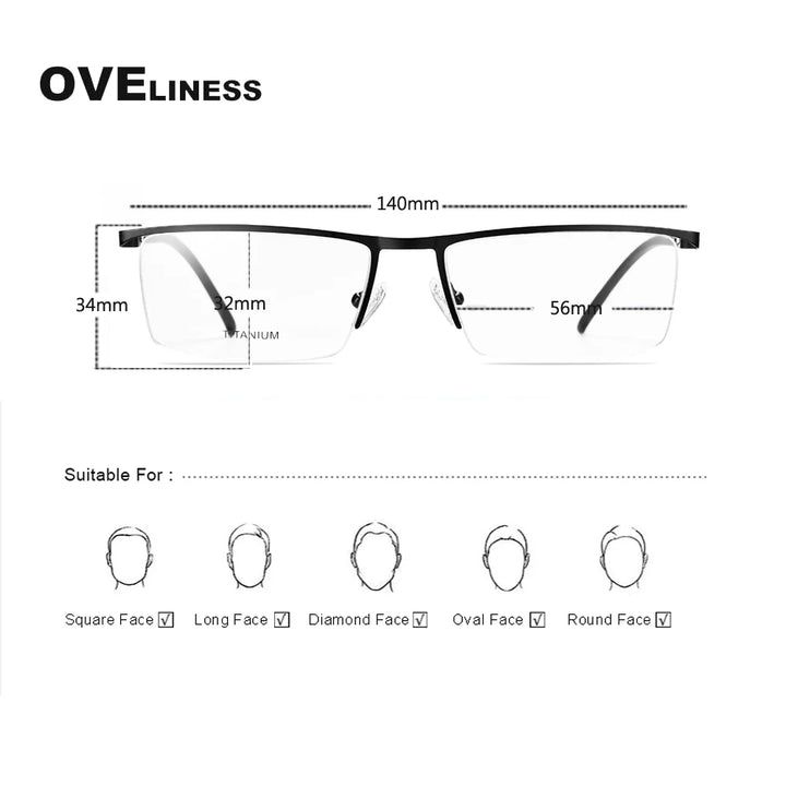 Oveliness Men's Semi Rim Square Brow Line Titanium Alloy Eyeglasses 379857