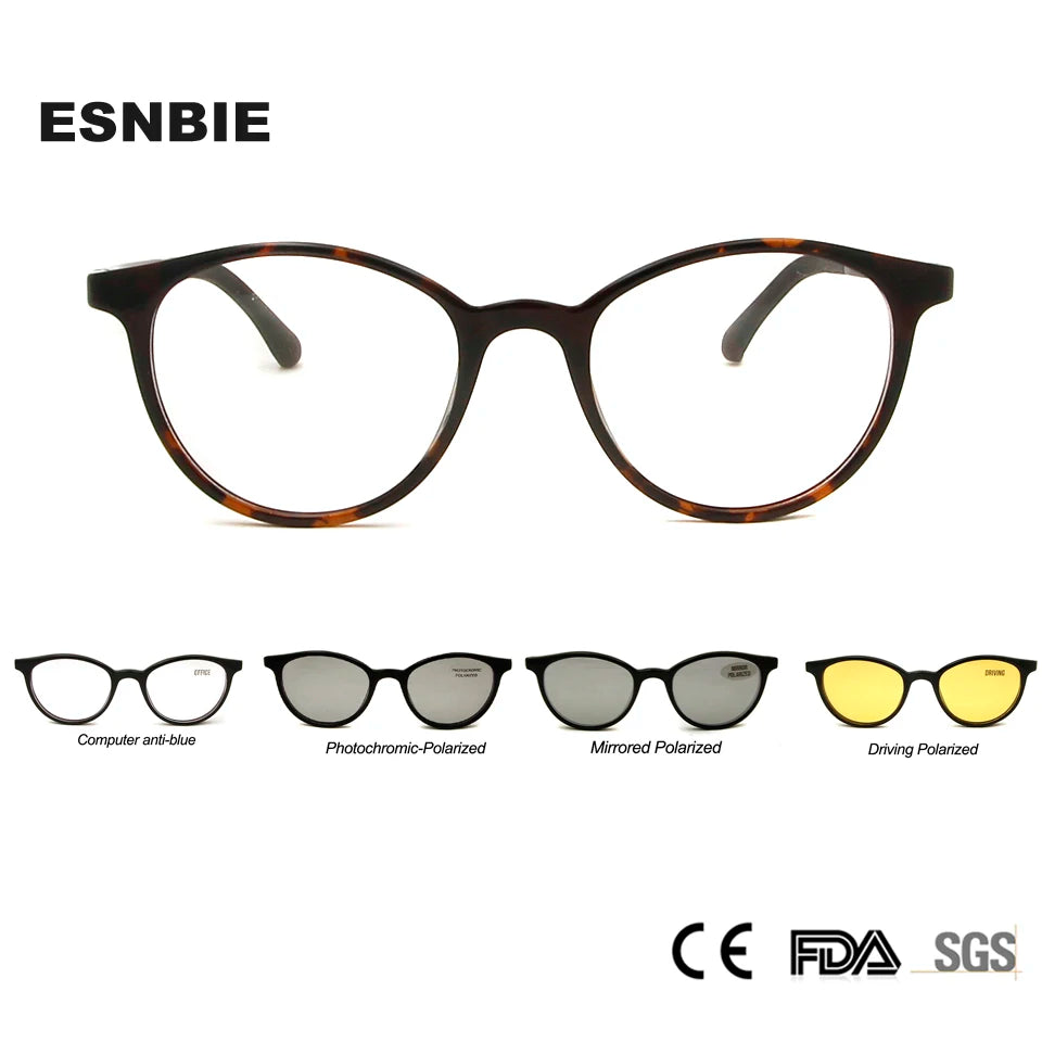 Esnbie Unisex Full Rim Oval Ultem Eyeglasses Clip On Sunglasses 2641 With Clip Ons Esnbie   