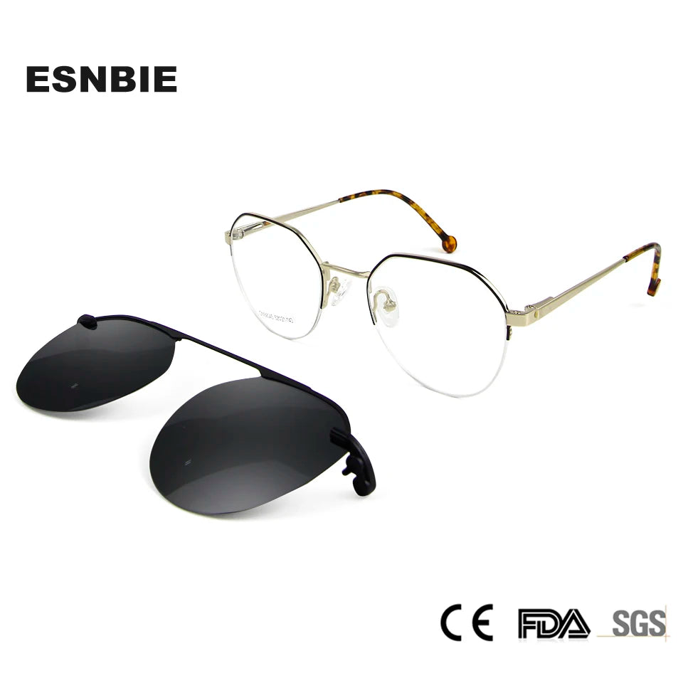 Esnbie Unisex Semi Rim Polygon Alloy Eyeglasses Clip On Sunglasses 880451 With Clip Ons Esnbie   