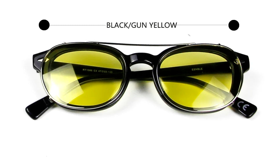 Esnbie Unisex Full Rim Round Acetate Eyeglasses Clip On Sunglasses 1086 With Clip Ons Esnbie Black-gun yellow  