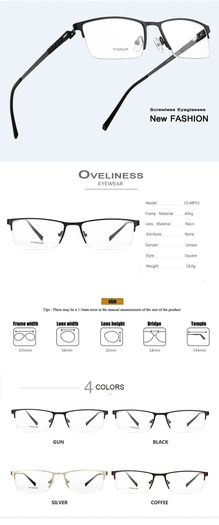 Oveliness Men's Semi Rim Square Titanium Alloy Eyeglasses 49853 Semi Rim Oveliness   