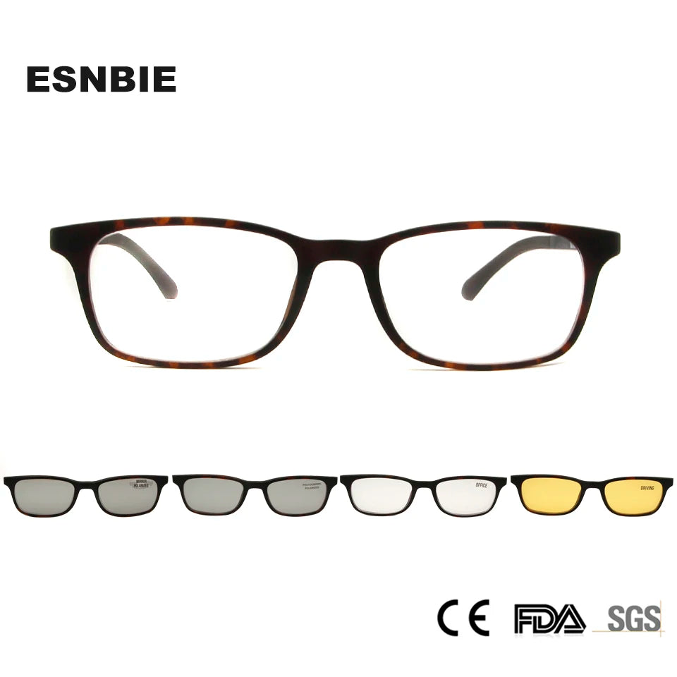 Esnbie Unisex Full Rim Square Ultem Eyeglasses Clip On Sunglasses 2671 With Clip Ons Esnbie   