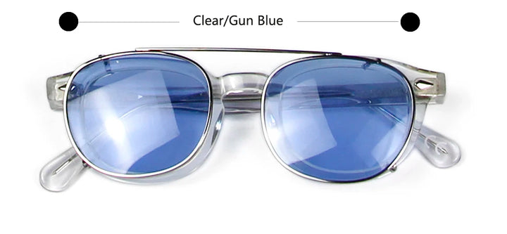 Esnbie Unisex Full Rim Round Acetate Eyeglasses Clip On Sunglasses 4324 With Clip Ons Esnbie Clear-gun blue 43mm-S Size 