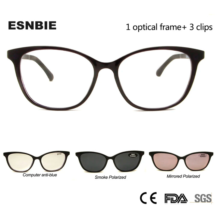 Esnbie Unisex Full Rim Cat Eye Ultem Eyeglasses Clip On Sunglasses 2602 With Clip Ons Esnbie   