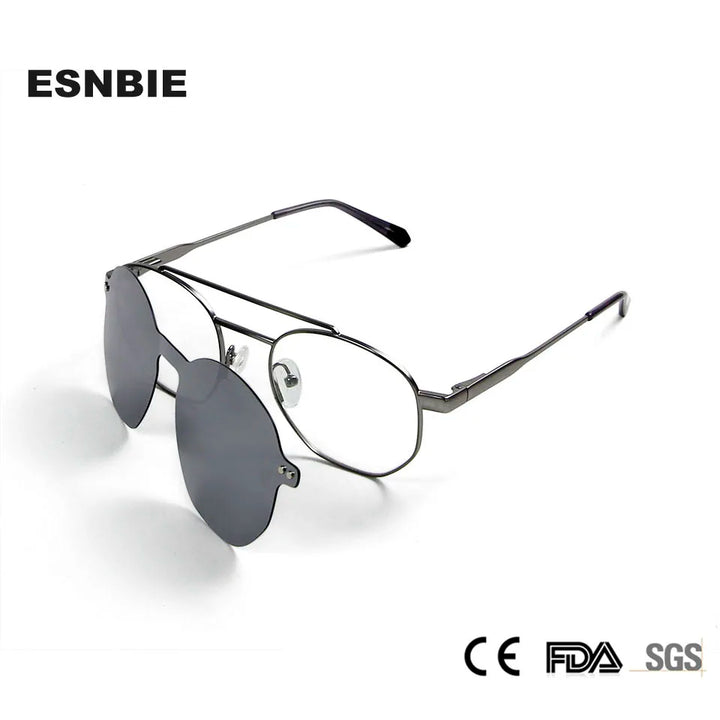 Esnbie Unisex Full Rim Round Double Bridge Alloy Eyeglasses Clip On Sunglasses 20291 Full Rim Esnbie   