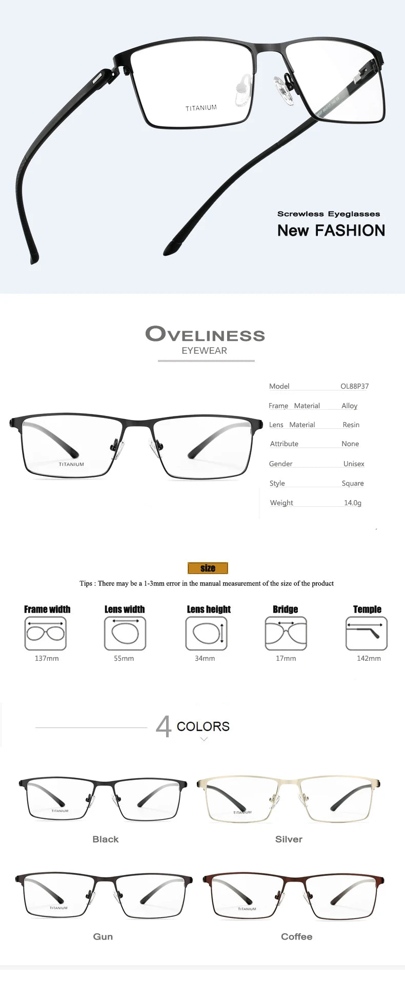 Oveliness Men's Full Rim Square Titanium Alloy Eyeglasses 48837 Full Rim Oveliness   