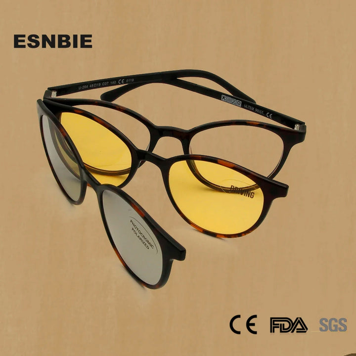 Esnbie Unisex Full Rim Oval Ultem Eyeglasses Clip On Sunglasses 2641 With Clip Ons Esnbie   