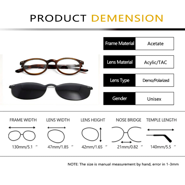 Esnbie Women's Full Rim Round Acetate Eyeglasses Clip On Sunglasses 51171
