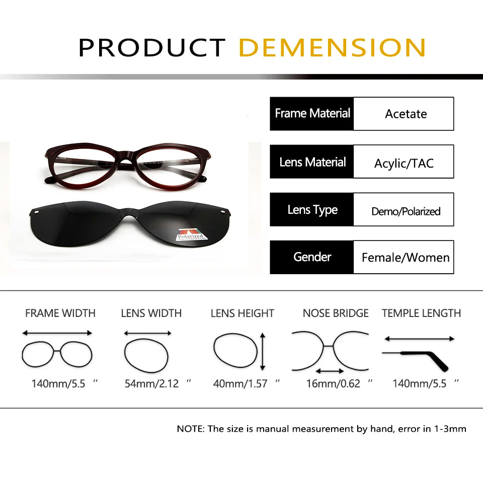 Esnbie Women's Full Rim Cat Eye Acetate Eyeglasses Clip On Sunglasses 53179