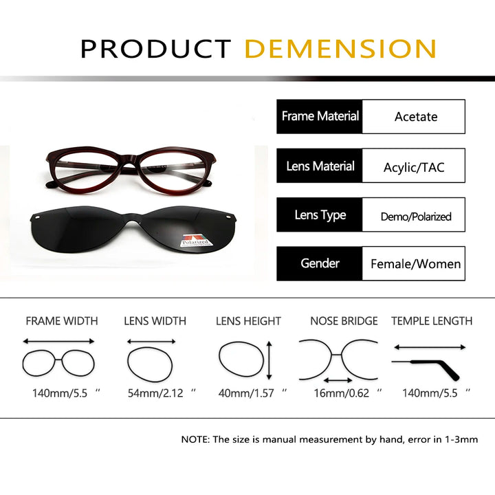 Esnbie Women's Full Rim Cat Eye Acetate Eyeglasses Clip On Sunglasses 53179