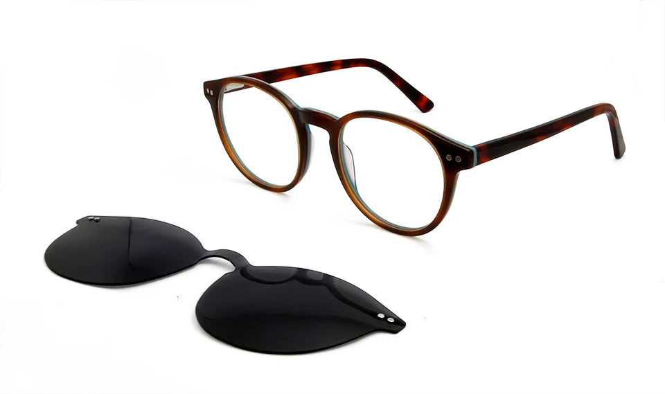 Esnbie Women's Full Rim Round Acetate Eyeglasses Clip On Sunglasses 51171