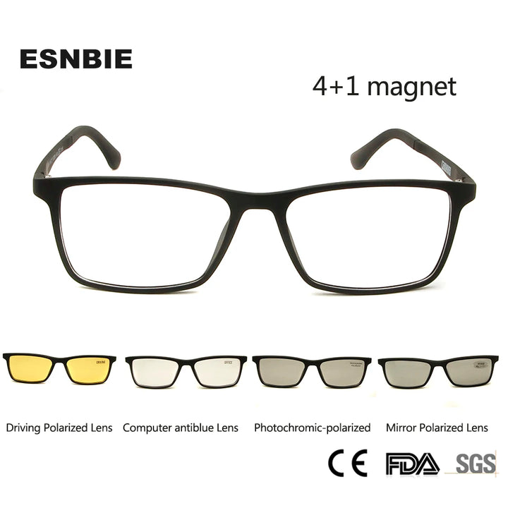 Esnbie Unisex Full Rim Square Ultem Eyeglasses Clip On Sunglasses 2651 With Clip Ons Esnbie   