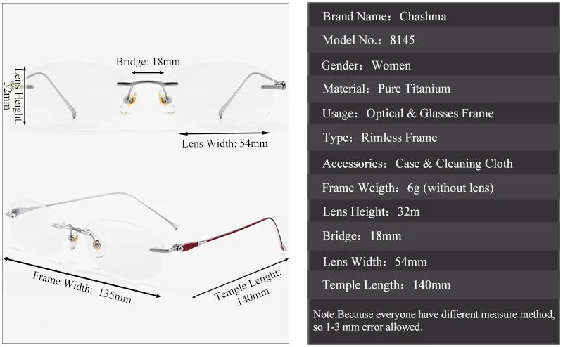 Chashma Ottica Women's Rimless Oval Titanium Eyeglasses 81454