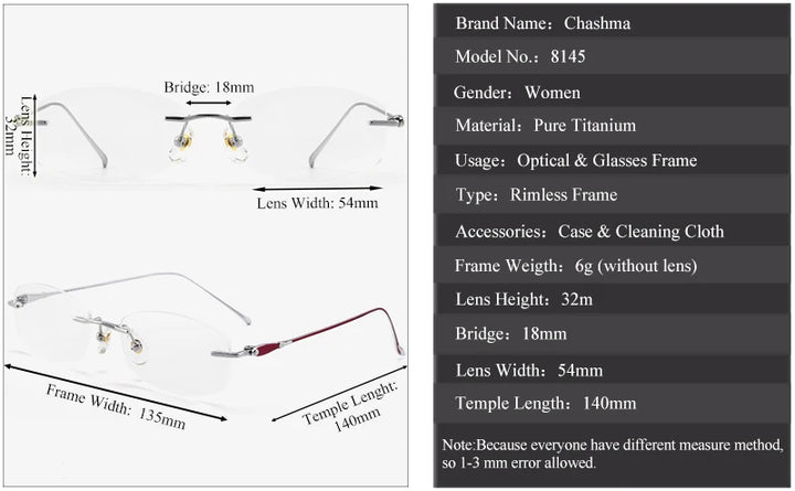 Chashma Ottica Women's Rimless Oval Titanium Eyeglasses 81454