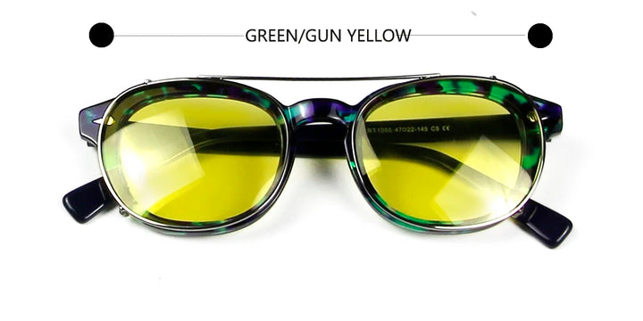 Esnbie Unisex Full Rim Round Acetate Eyeglasses Clip On Sunglasses 1086 With Clip Ons Esnbie green-gun yellow  