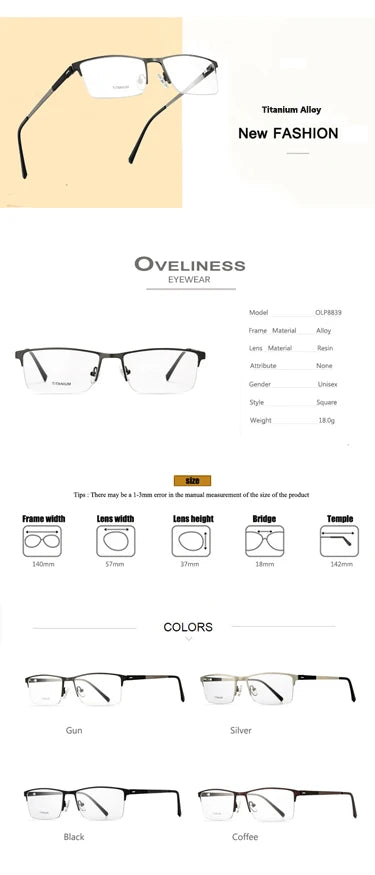 Oveliness Men's Semi Rim Square Titanium Alloy Eyeglasses 8839 Semi Rim Oveliness   