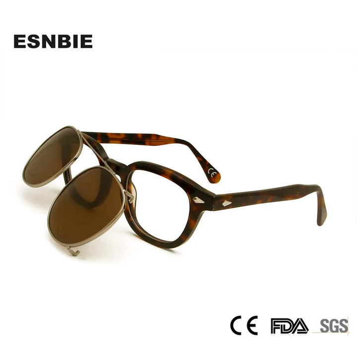 Esnbie Unisex Full Rim Square Acetate Eyeglasses Clip On Sunglasses 3443 Full Rim Esnbie   