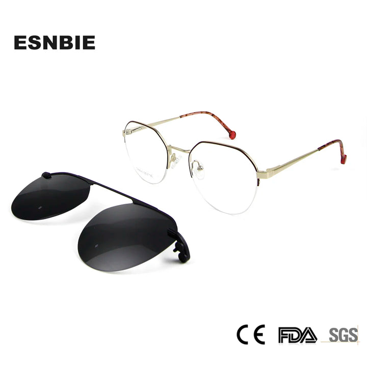 Esnbie Unisex Semi Rim Polygon Alloy Eyeglasses Clip On Sunglasses 880451 With Clip Ons Esnbie   