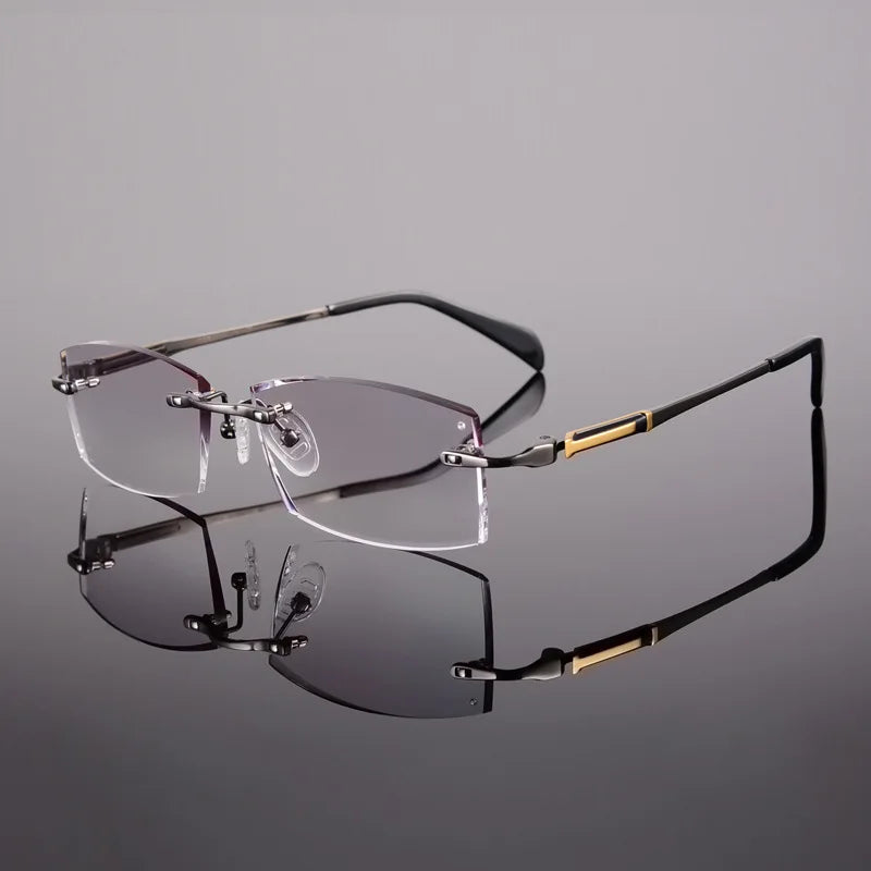 Reven Jate Men's Rimless Square Titanium Diamond Cut Eyeglasses 99001 Rimless Reven Jate grey