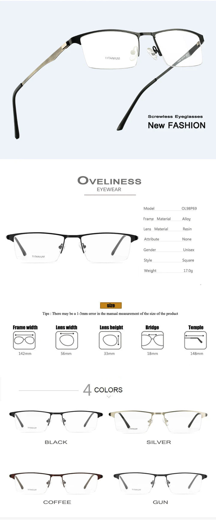 Oveliness Men's Semi Rim Square Titanium Alloy Eyeglasses 49869 Semi Rim Oveliness   