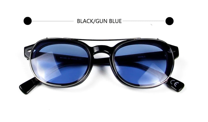 Esnbie Unisex Full Rim Round Acetate Eyeglasses Clip On Sunglasses 1086 With Clip Ons Esnbie Black-gun blue  