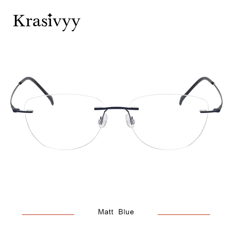 Krasivyy Unisex Rimless Flat Top Cat Eye Titanium Eyeglasses 16007 Rimless Krasivyy Matt Blue  