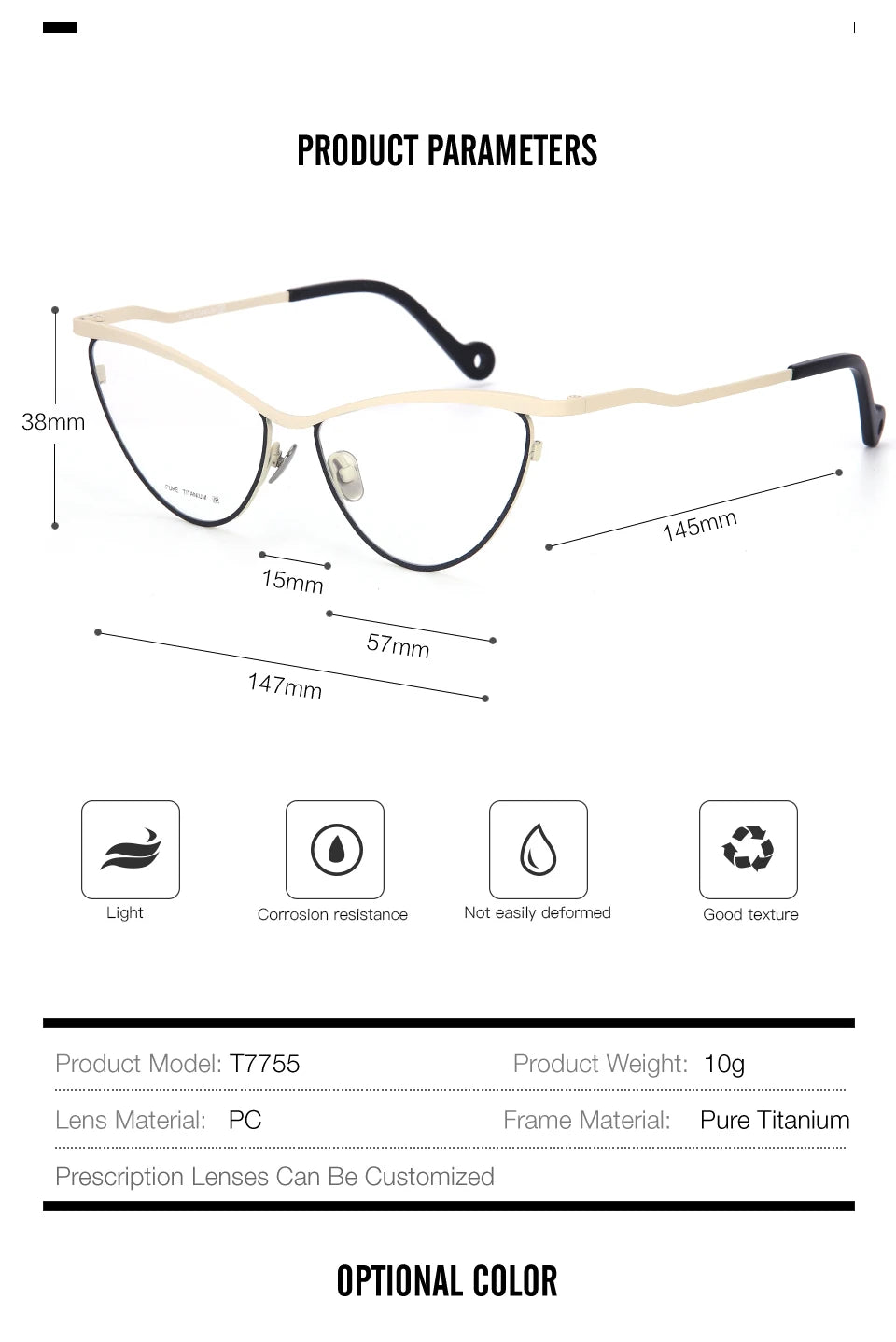 Muzz 7755-1 women's cat eye pure titanium eyeglasses — view 2