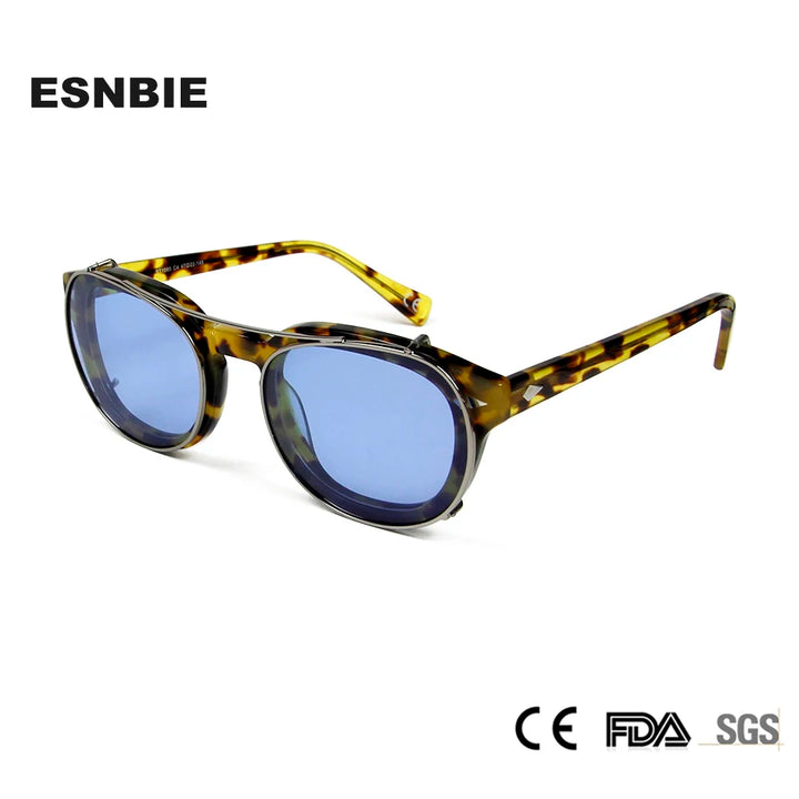 Esnbie Unisex Full Rim Round Acetate Eyeglasses Clip On Sunglasses 1086 With Clip Ons Esnbie   