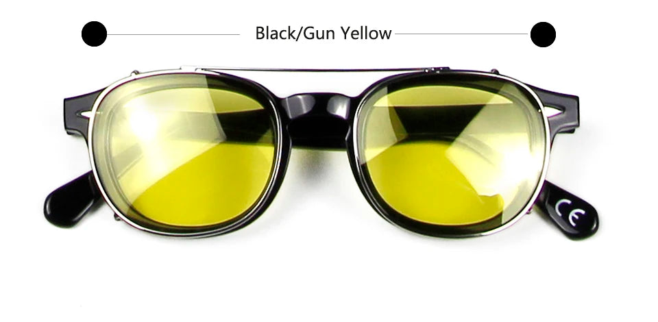 Esnbie Unisex Full Rim Round Acetate Eyeglasses Clip On Sunglasses 4324 With Clip Ons Esnbie Black-gun yellow 46mm-M Size 