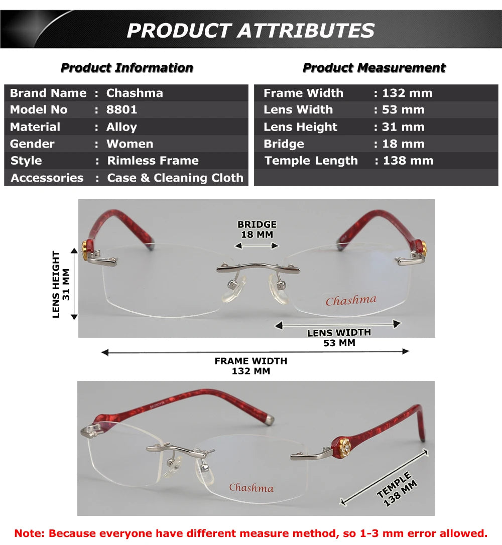 Chashma Ottica Women's Rimless Square Titanium Acetate Eyeglasses 58031