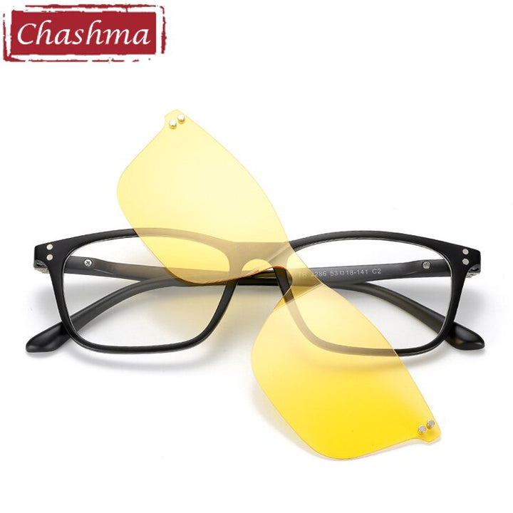Chashma Unisex Full Rim Square Tr 90 Titanium Eyeglasses With Polarized Clip On Sunglasses 2286 Clip On Sunglasses Chashma Yellow Lenses  