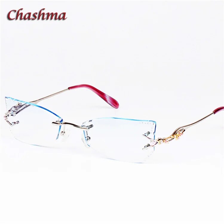 Chashma Women's Rimless Eyeglasses Tint Lenses Titanium Diamond Cut Cat Eye 8036Ce Rimless Chashma Silver Shape B  