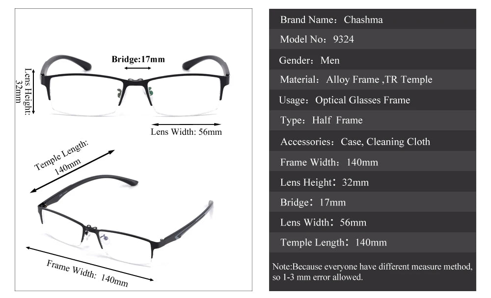 Chashma Men's Semi Rim Square Alloy Eyeglasses Clip On Sunglasses 9324
