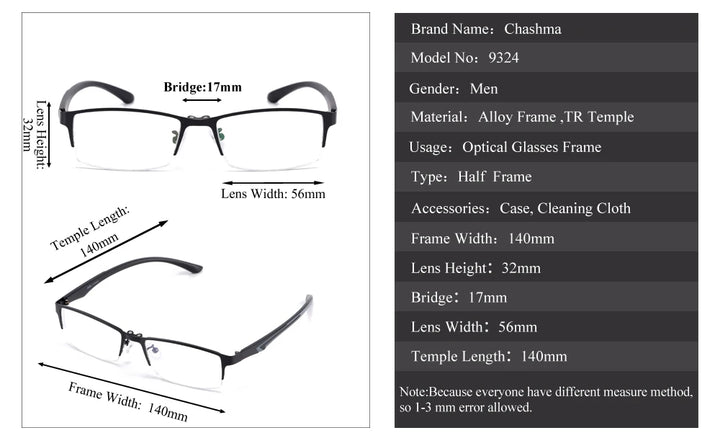 Chashma Men's Semi Rim Square Alloy Eyeglasses Clip On Sunglasses 9324
