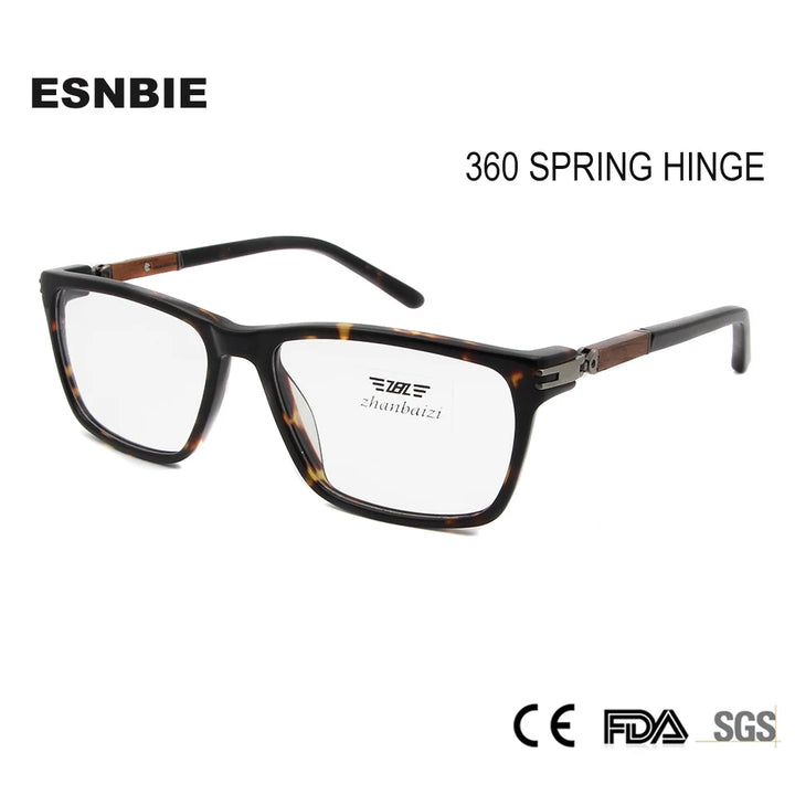 Esnbie Unisex Full Rim Square Acetate Wood Glass Eyeglasses 6350 Full Rim Esnbie   