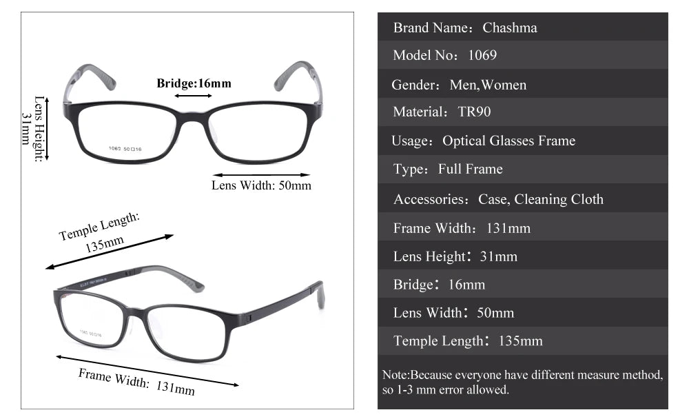 Chashma Ochki Women's Full Rim Oval Square Tr 90 Titanium Eyeglasses 10694