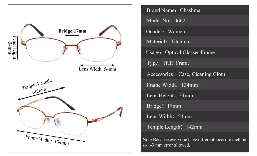 Chashma Ottica Women's Semi Rim Oval Titanium Eyeglasses 40662