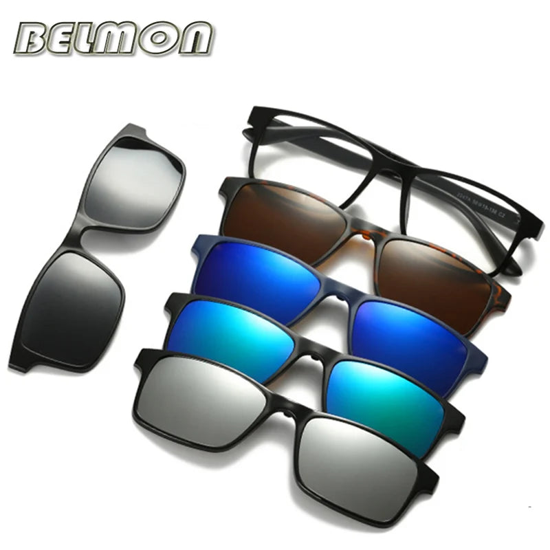 Belmon Brand Spectacle Frame Men Women With 5 Clip On Sunglasses Polarized Magnetic Eyeglasses Rs159 Clip On Sunglasses Belmon   