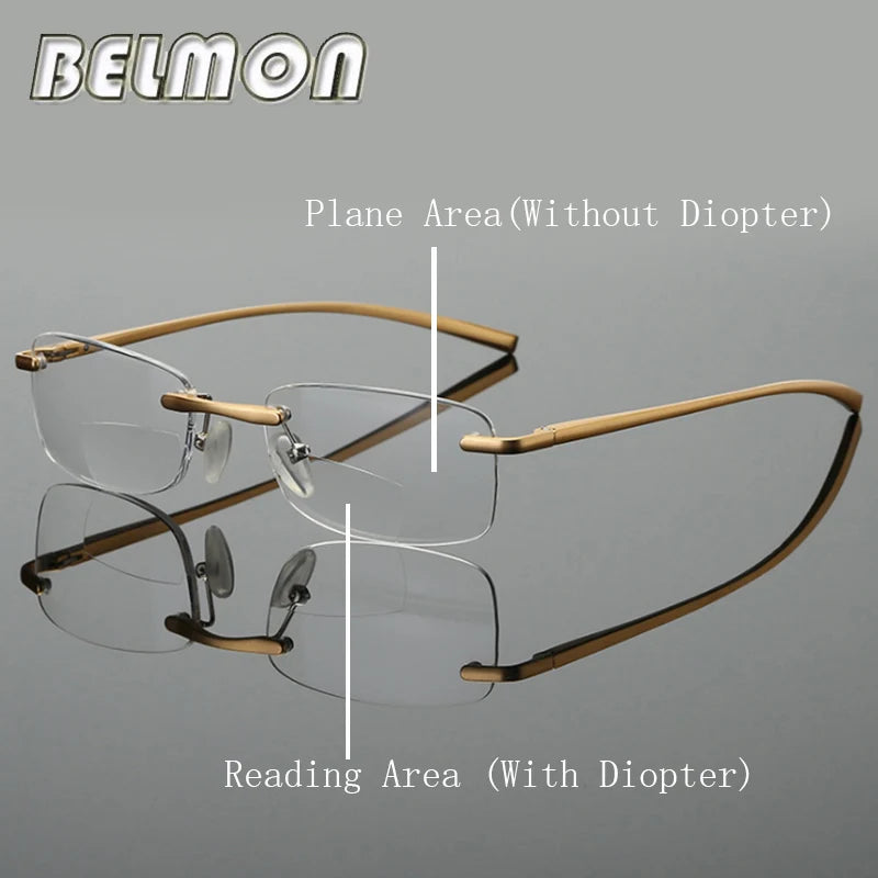 Belmon Unisex Rimless Square Aluminum Magnesium Bifocal Reading Glasses Rs341 Reading Glasses Belmon +100  