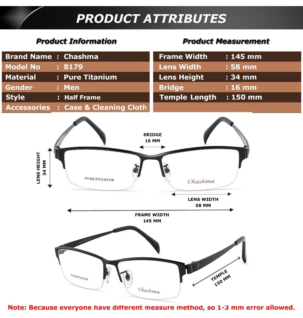 Chashma Unisex Semi Rim Big Square Titanium Eyeglasses 98179 Semi Rim Chashma